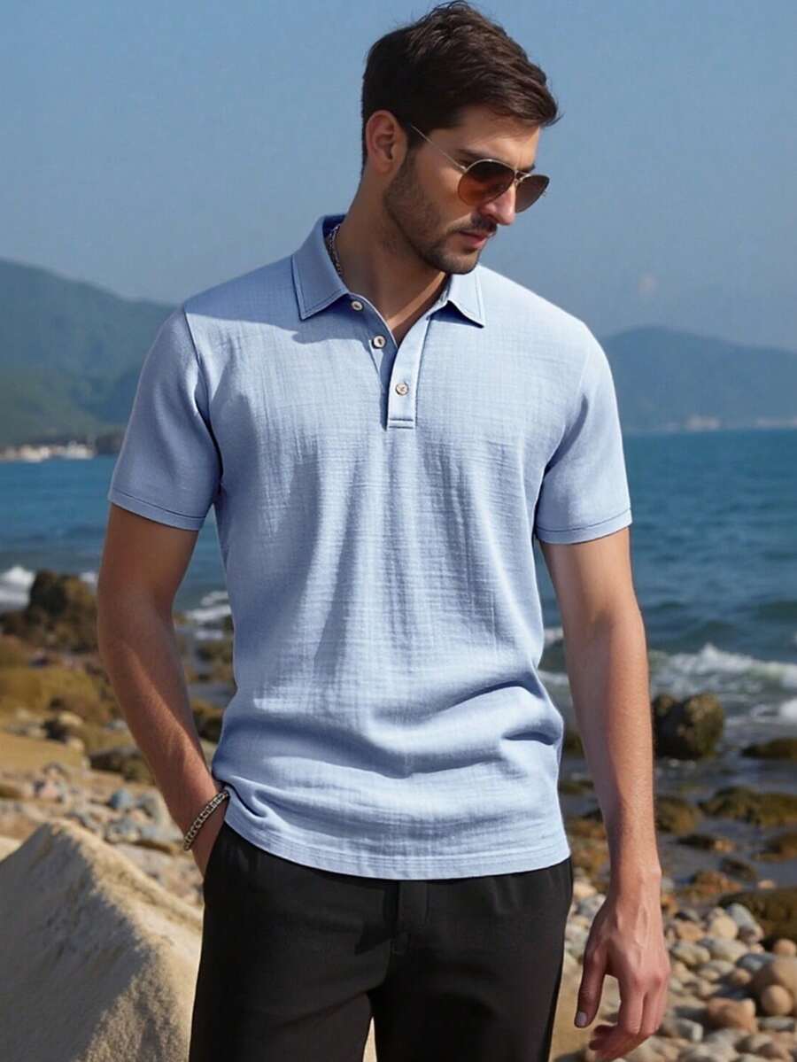 Men's Light Blue Short Sleeve Linen Polo Shirt, Breathable And Comfortable, Suitable For Beach And Casual Summer Wear