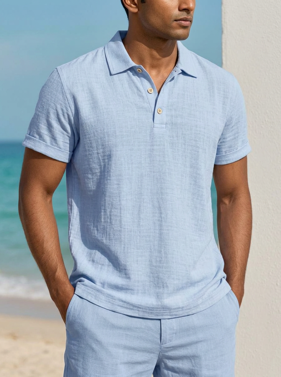 Men's Light Blue Short Sleeve Linen Polo Shirt, Breathable And Comfortable, Suitable For Beach And Casual Summer Wear