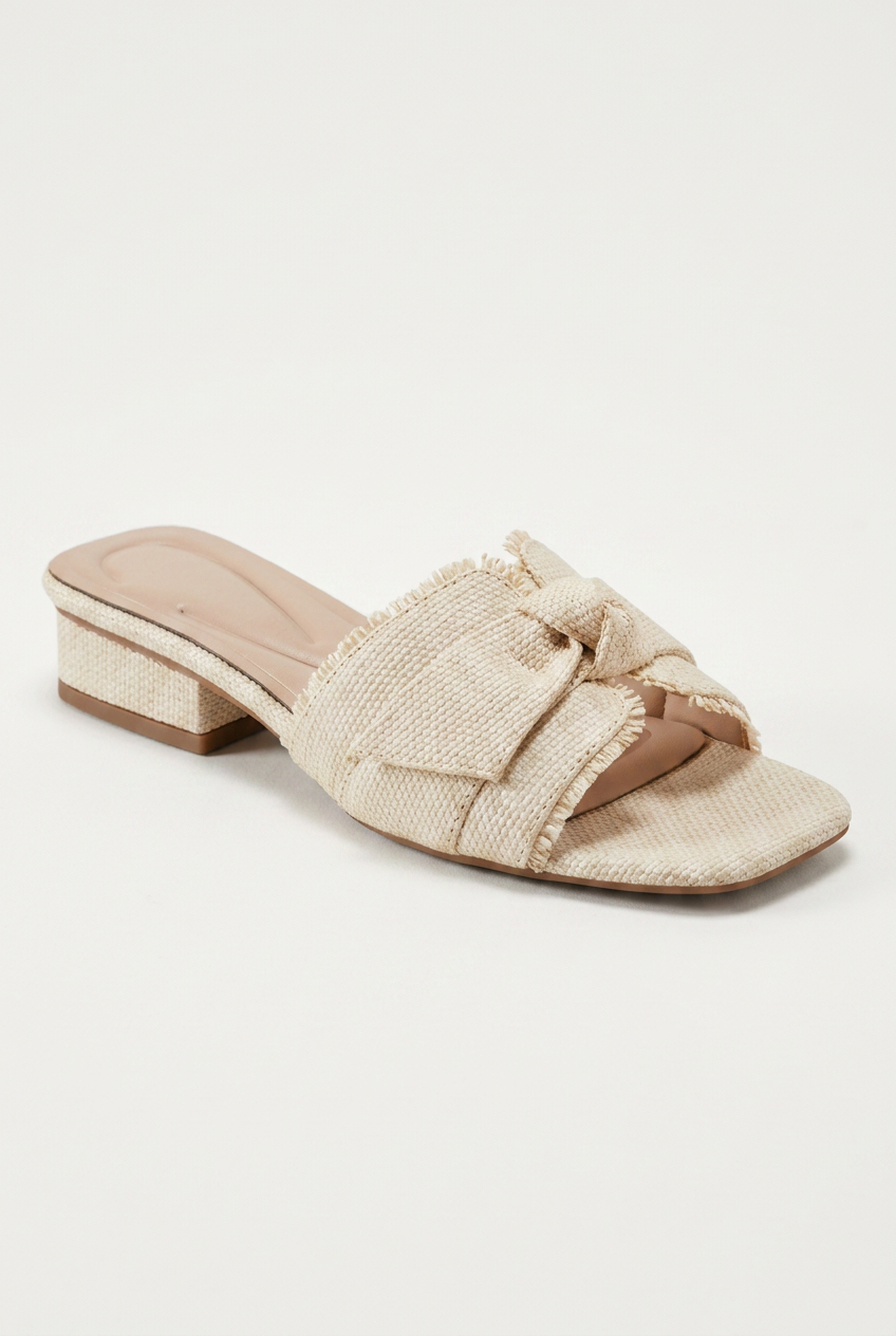 Women's Square Toe Woven Bow Mule Sandals Cream