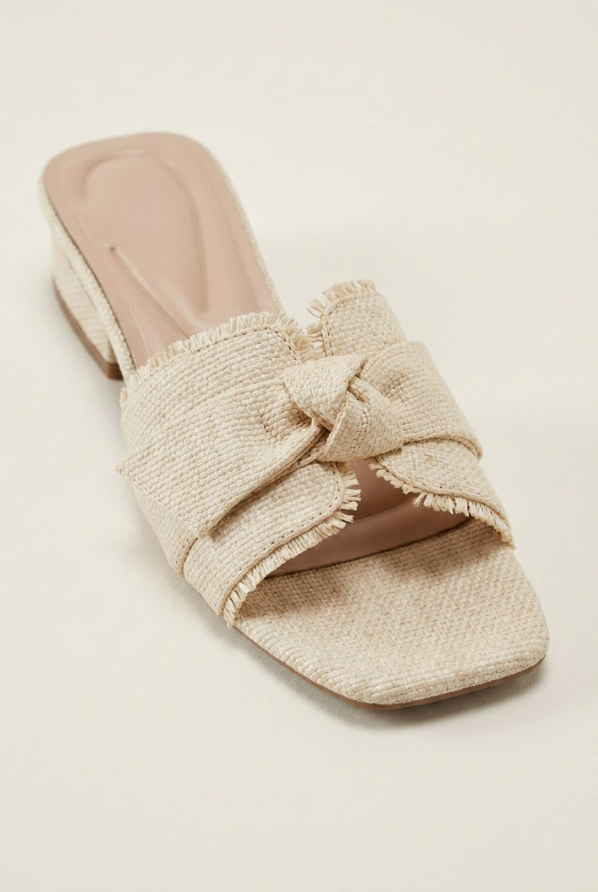 Women's Square Toe Woven Bow Mule Sandals Cream
