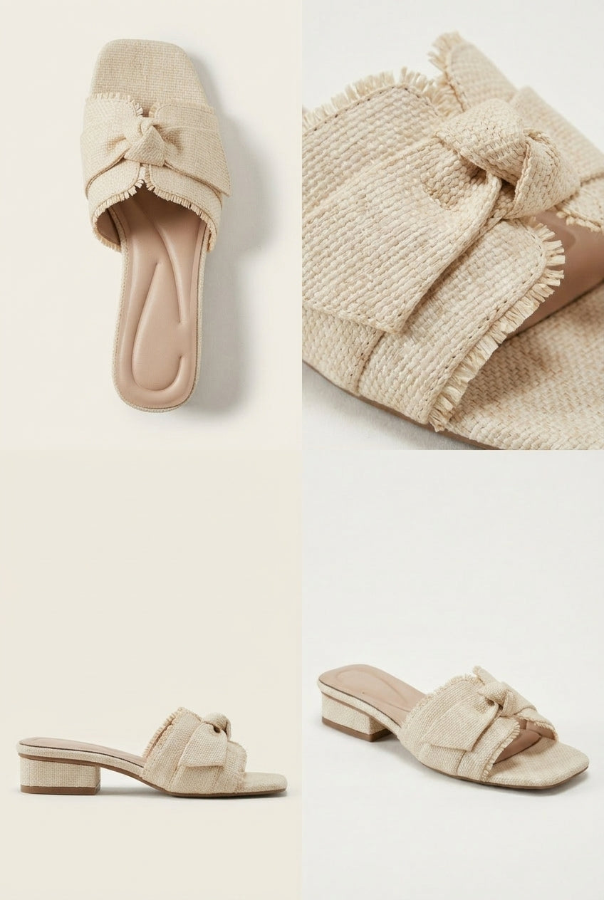 Women's Square Toe Woven Bow Mule Sandals Cream